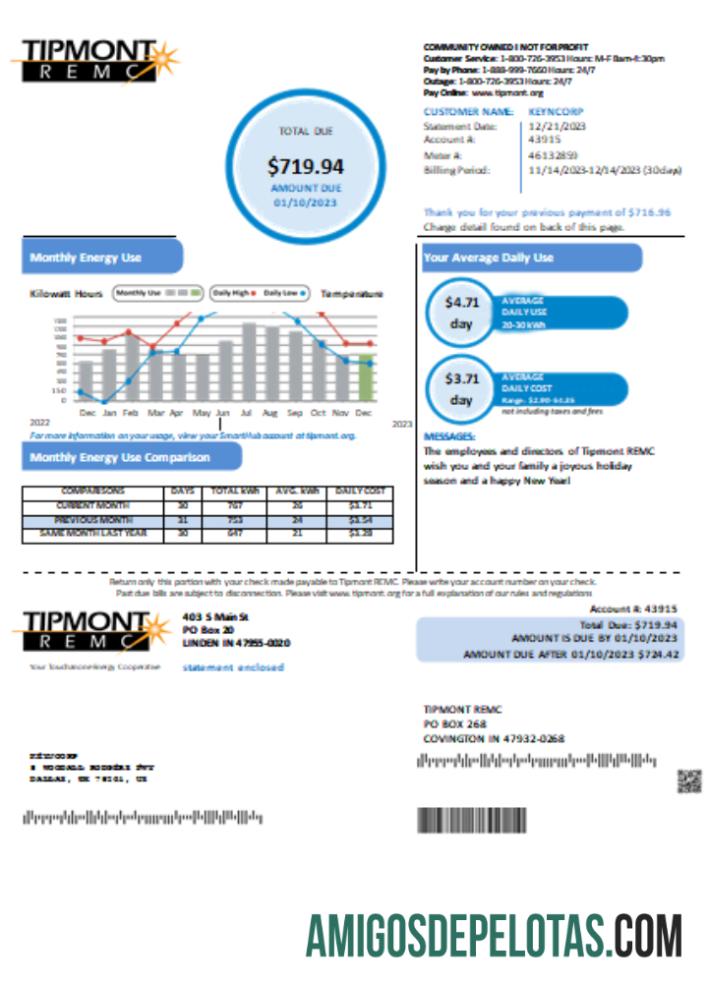 Projeto de lei de negócios de serviços públicos Tipmont REMC, SCR exemplo